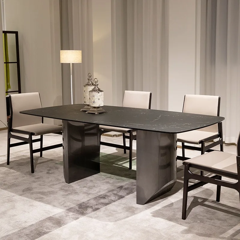 Italian minimalist black rock slab floating dining table, rectangular stainless steel dining table
