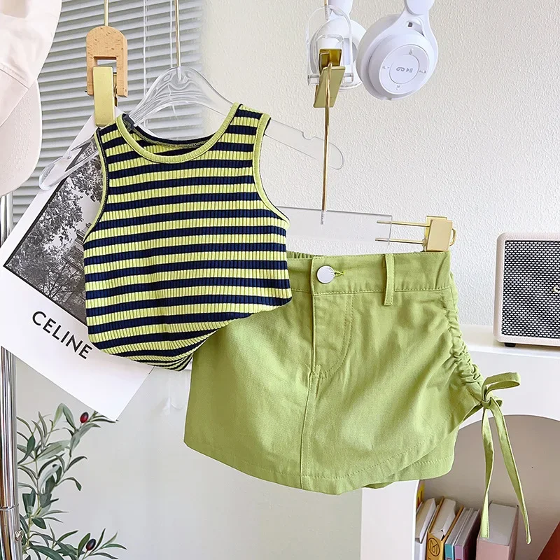 Girls Suit Green Korean Style Striped Sleeveless T-shirt   Loose Shorts Two-piece Set for Casual and Simple Outer Wear Children