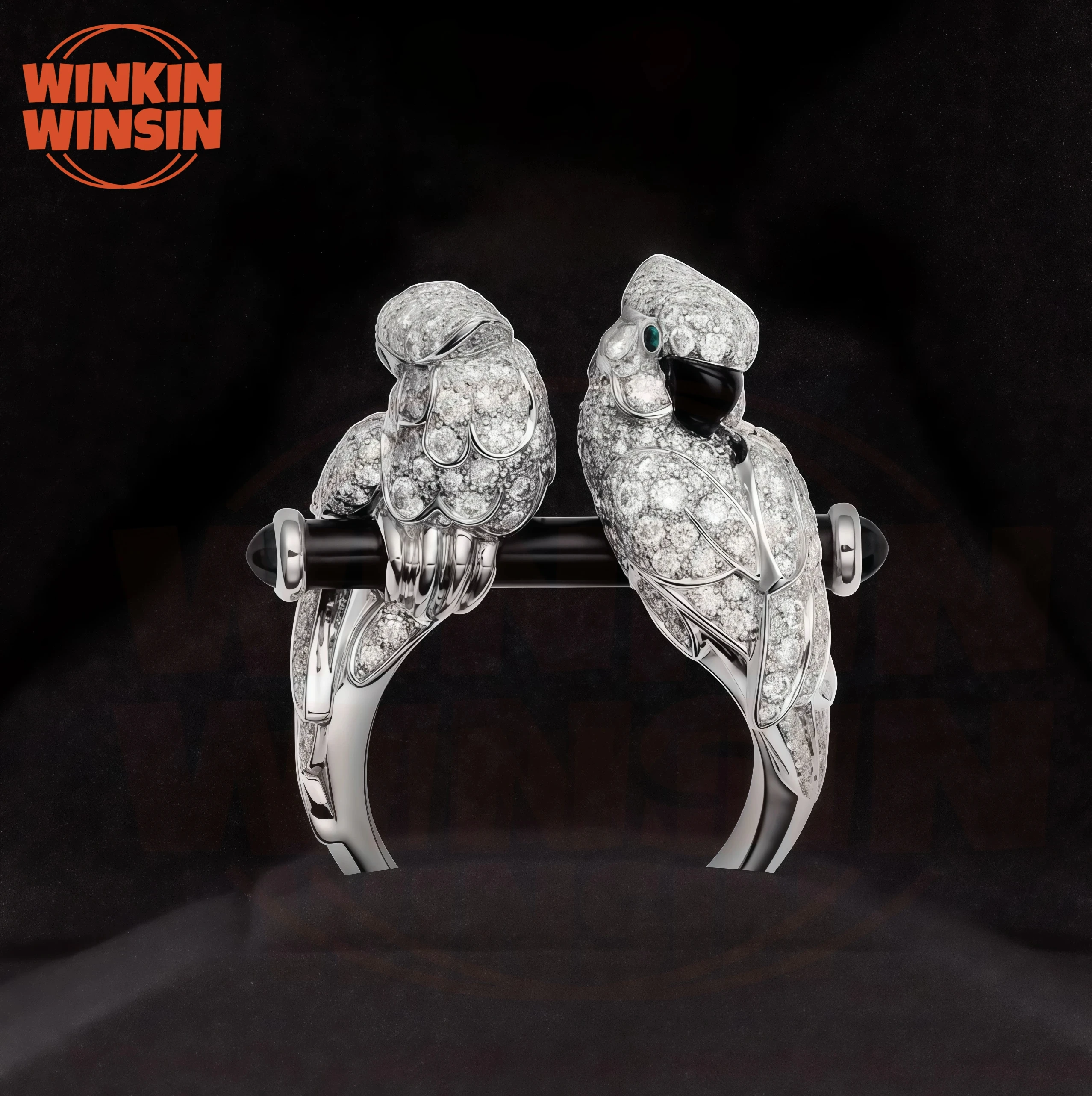 

Winkin Winsin Luxury Love bird 925 Sterling Silver Rings Woman Double Head Parrot Enamel Ring Carbon Diamond Gemstones Jewelry