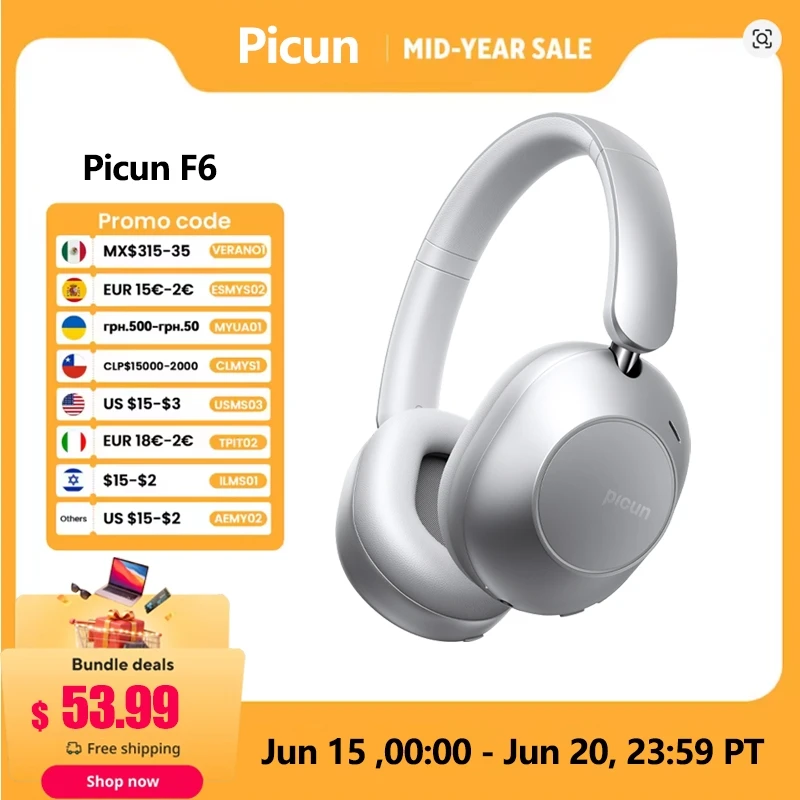 Picun F6 aktywny zestaw słuchawkowy Bluetooth z redukcją szumów Hi-Res ANC śledzenie głowy 3D Audio słuchawki bezprzewodowe kontrola aplikacji niski czas oczekiwania