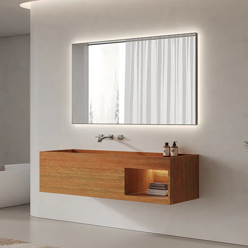 

Травертиновая каменная плита с интегрированной бесшовной раковиной для виллы, высококачественная раковина для ванной комнаты, тумба для ванной комнаты.