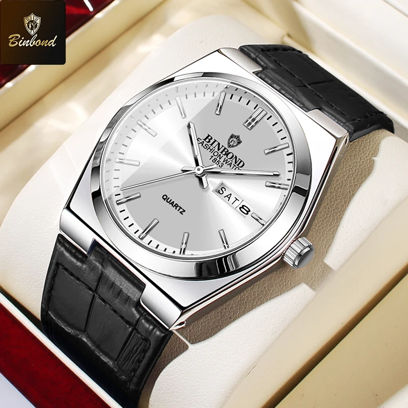 BINBOND, relojes de cuarzo de lujo para hombre, reloj Original para hombre, resistente al agua, luminoso, fecha, semana, reloj de pulsera con correa de cuero para hombre