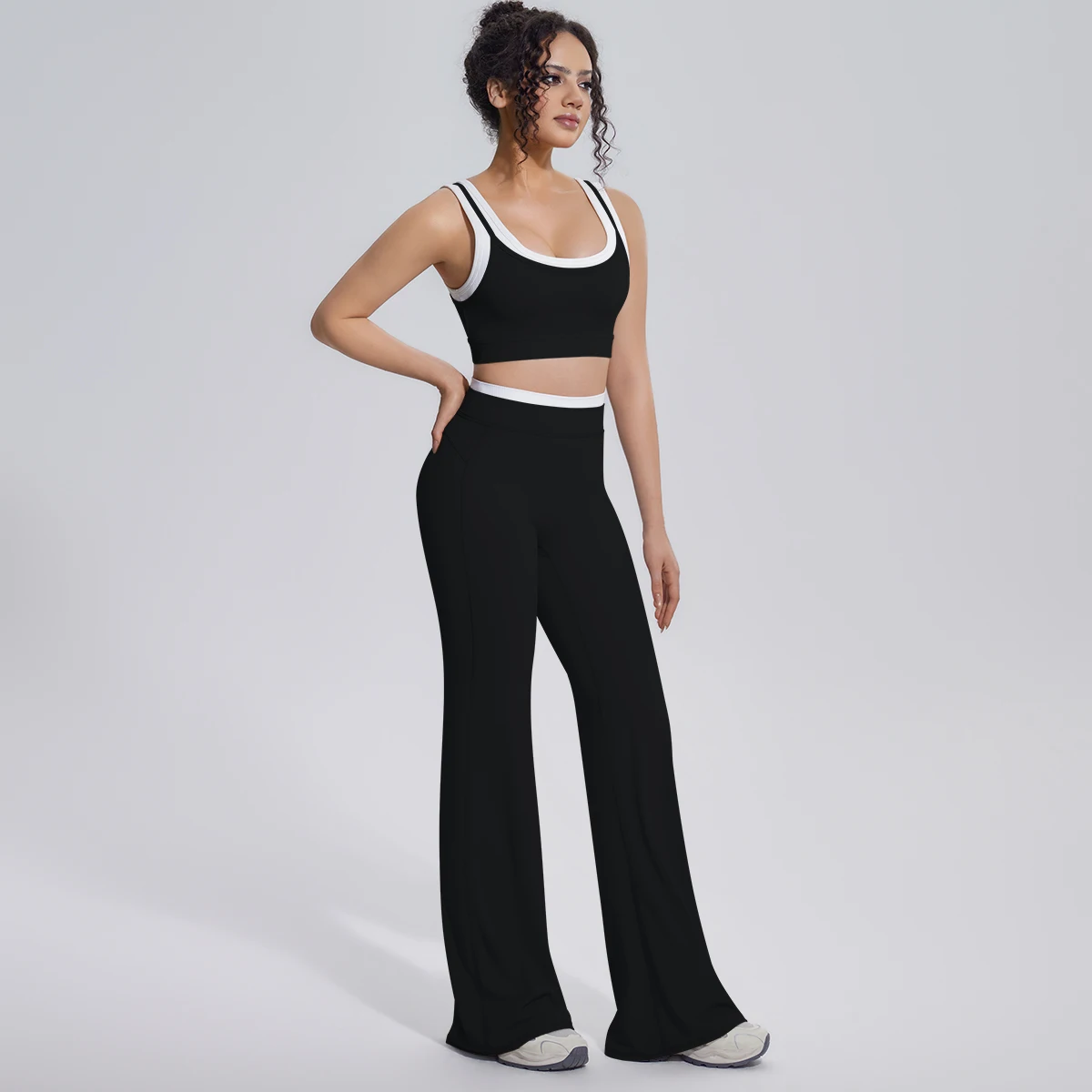 Neues Farbblock-Set mit Schönem Rücken-Yoga-BH und Weiten Hosen für Sommer, Fitness, Laufen und Workout, Hochelastisches, Lockeres Schlaghosen-Oberteil – Detail 9