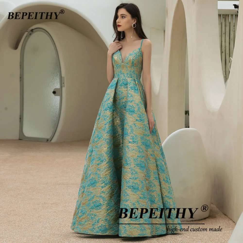 BEPEITHY Customized Jacquard A-Line Prom Dress 2023 Party Dresses Luxury Sexy V-Neck Evening Dress Lace-Up Back Without Panel