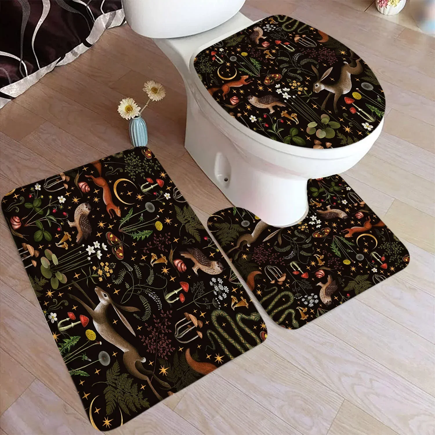 Mushroom Bath Mat Set Funny Animals Owl Rabbit Squirrel Moth Flower Plant Vintage Black Carpet Bathroom Decor Rugs Toilet Cover