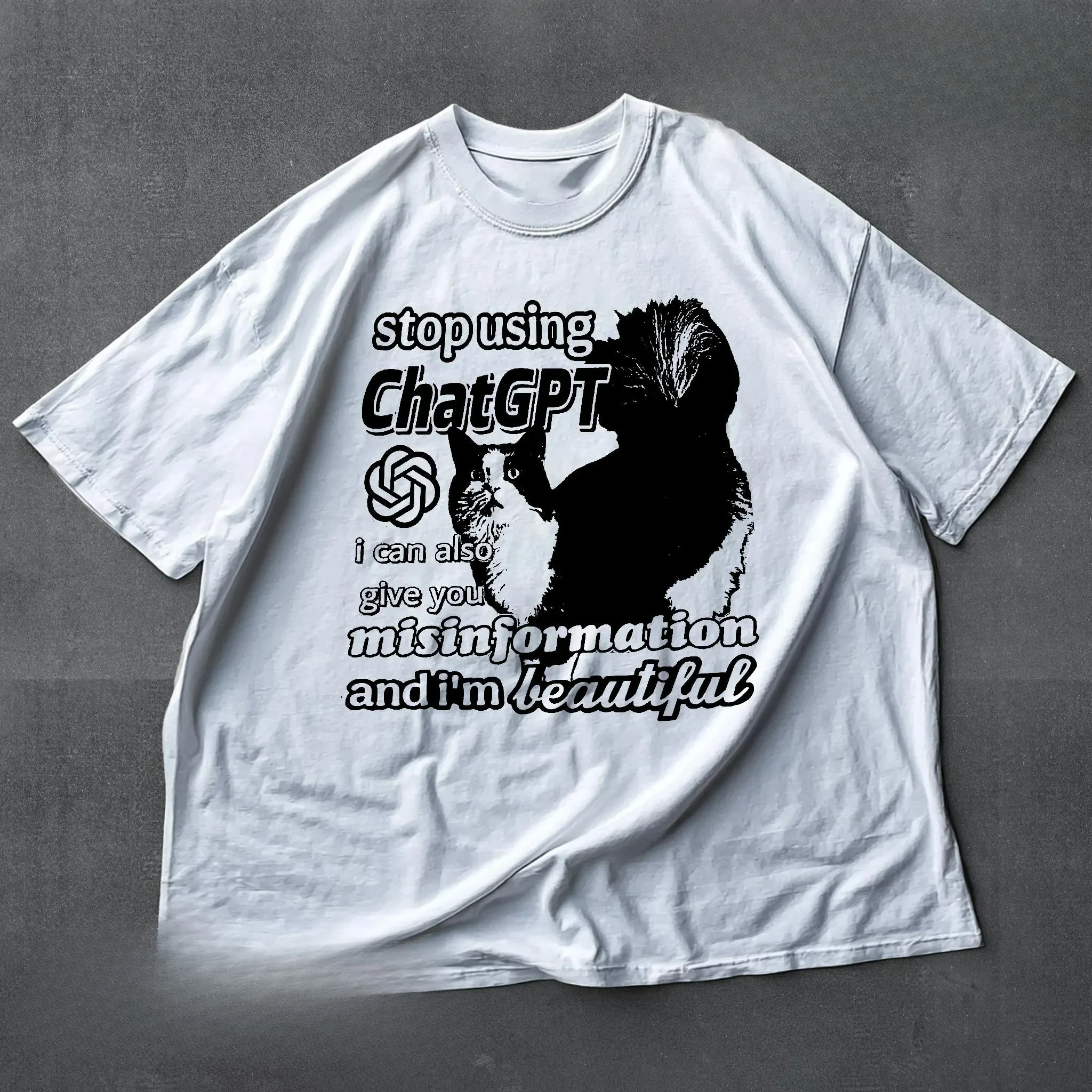 2026 Chat GPT Cat Meme Shirt Y2k Funny Cat Shirt 90s T-shirt Print Neutral Strange Specific Cat Anti AI Cat Street Wear