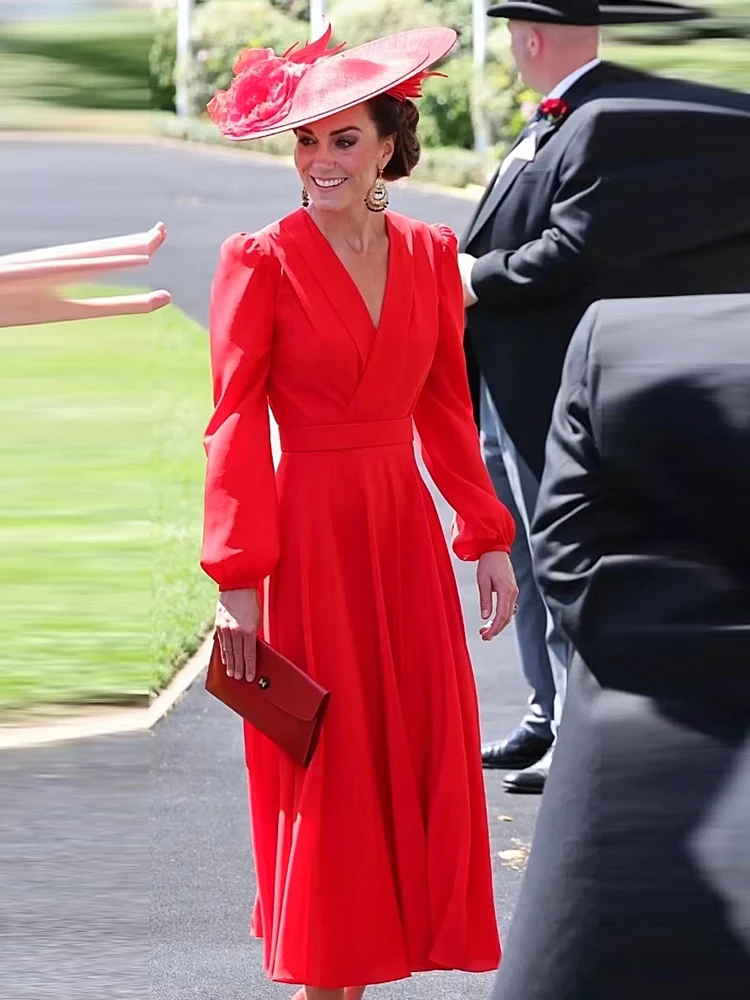 

Kate Middleton Princess Spring Autumn Female New High Quality Fashion Party Red Chic Elegant Casual Vintage Sexy Midi Dress