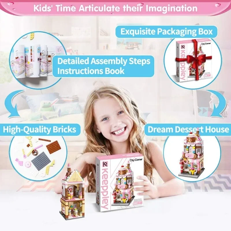 QMAN Meisjes Bouwstenen Speelgoed Droom Dessert Huis Bouwpakket Street-View Constructie Educatief Speelgoed voor Meisjes 344-delig