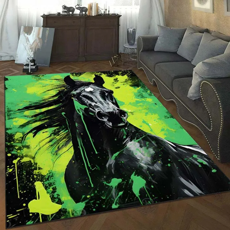Alfombra de caballo abstracta en verde y negro, elegantes alfombras con estampado animal para sala de estar: elementos de diseño de interiores más vendidos