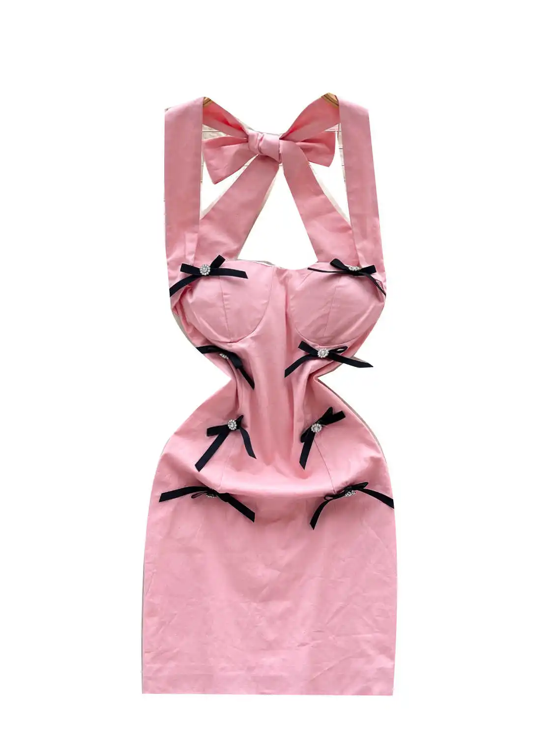 Mini robe moulante à nœud rose pour femmes, Vintage des années 90, élégante, épaules dénudées, col carré, Y2k, frocs une pièce, vêtements d'été 2025