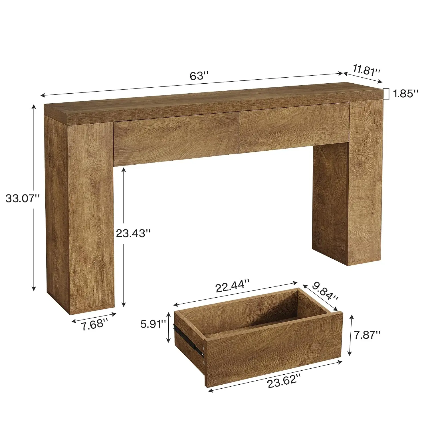 63-Inch Wooden Console Table With 2 Hidden Drawers, Rustic Brown Sofa Table For Living Room & Hallway, Customized