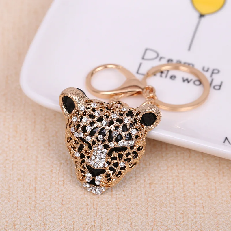 Cute Crystal Leopard Head Keychains for Women Handbag Dangle Keyfob Men Car Charm Purse Bag Keyring Girl Golden Key Chain Bijoux