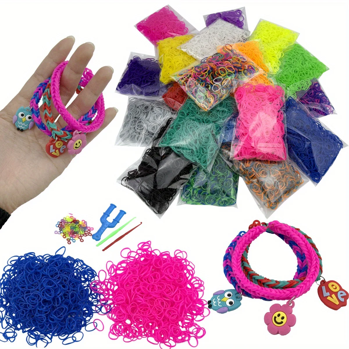 600 قطعة الأربطة المطاطية للأساور الملونة آلة النسيج حزام سوار مجموعة ، ألعاب النسيج المرنة للفتيات LOOM BAND