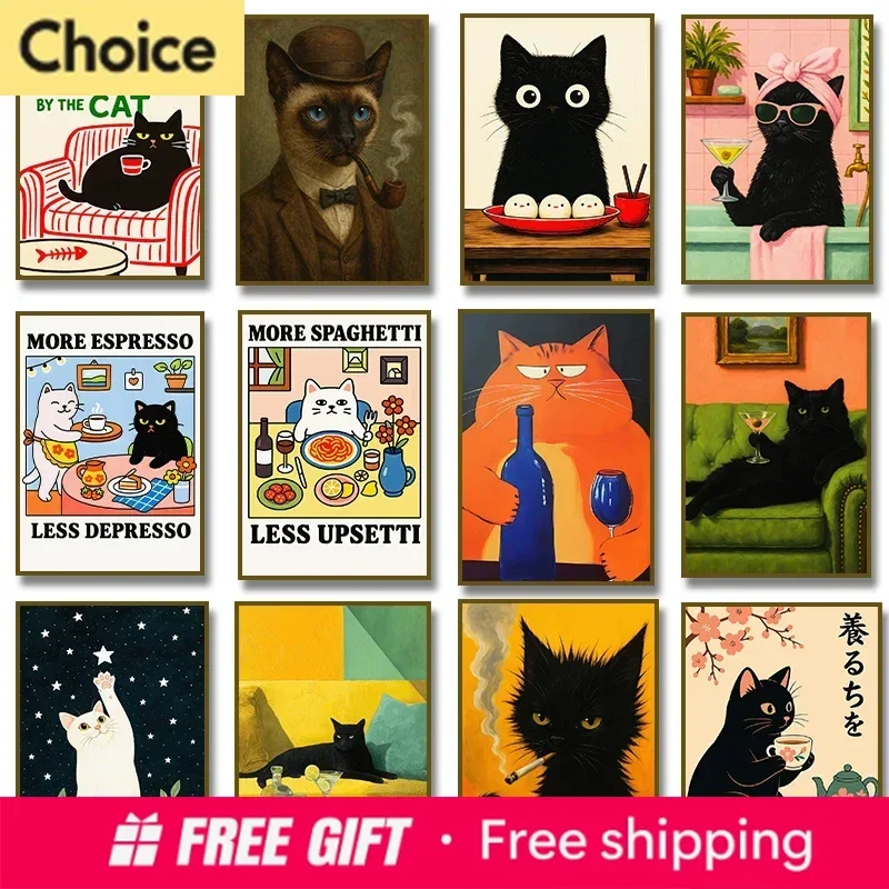 2026 More Spaghetti, Less Upsetti Black Cat With Cocktail Smoking Poster Canvas Painting Print Wall Art For Living Room Home