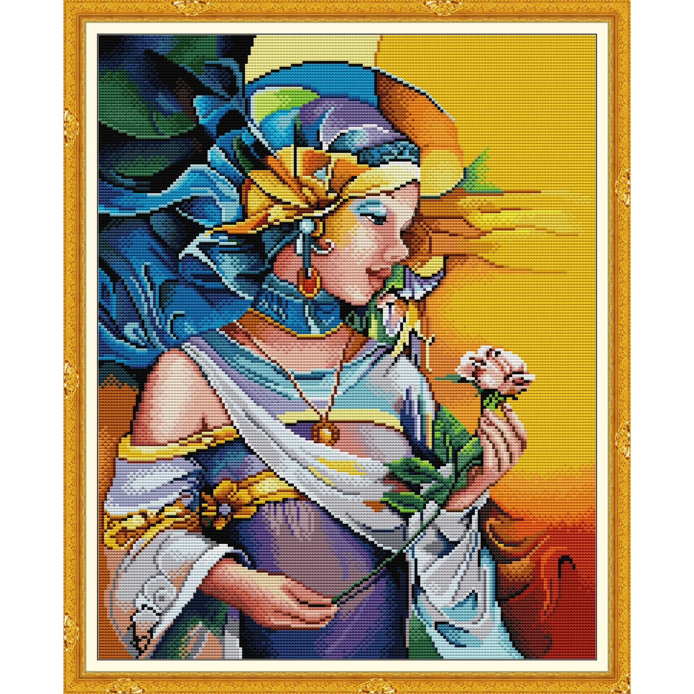 مجموعة غرز متقاطعة مطبوعة مسبقًا من Soulgift News، قماش عايدة مختوم مع خيوط DMC، طقم تطريز - الفتاة التي تحمل الزهرة