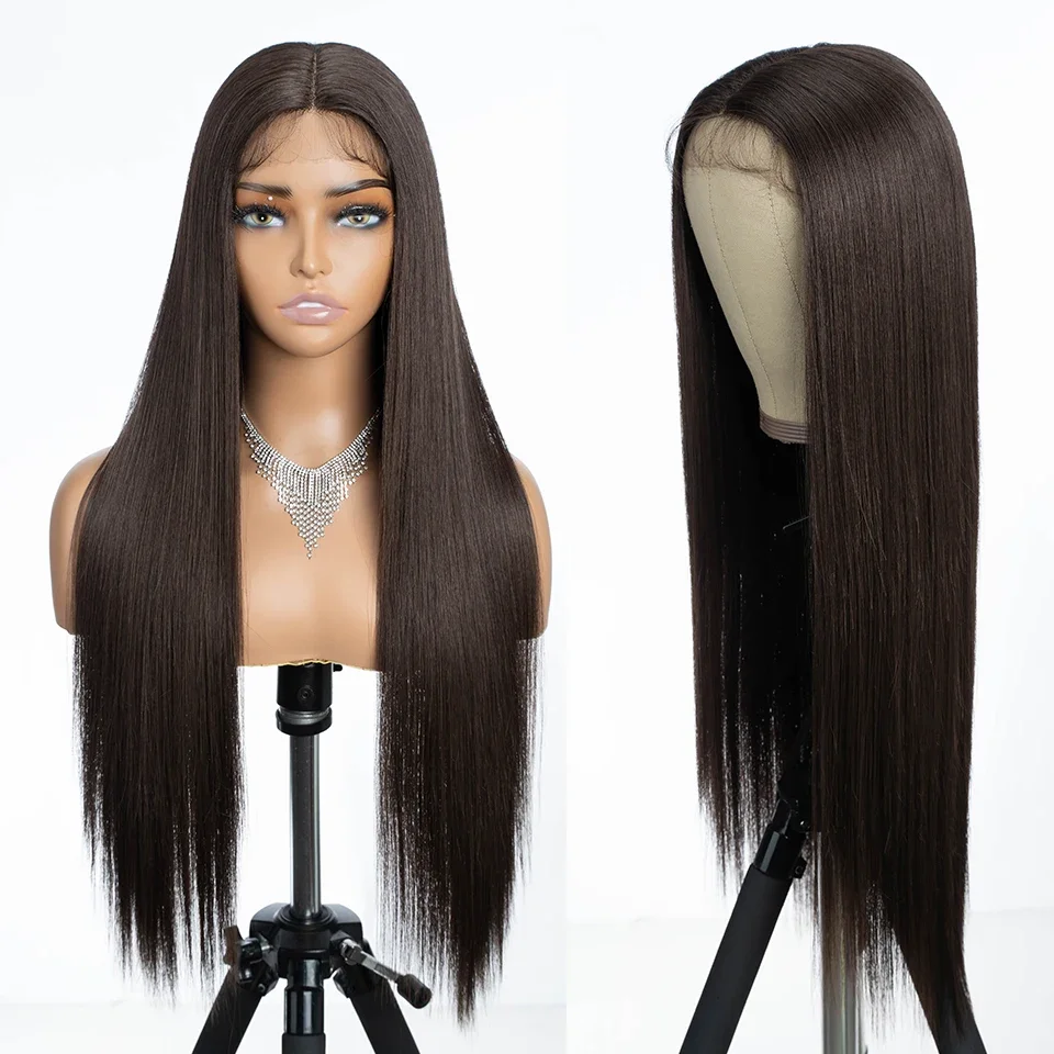 

Natural Black Silky Straight Lace Front Wig 26Inch 180Density For Black Women With Baby Hair Glueless Synthetic Preplucked Daily