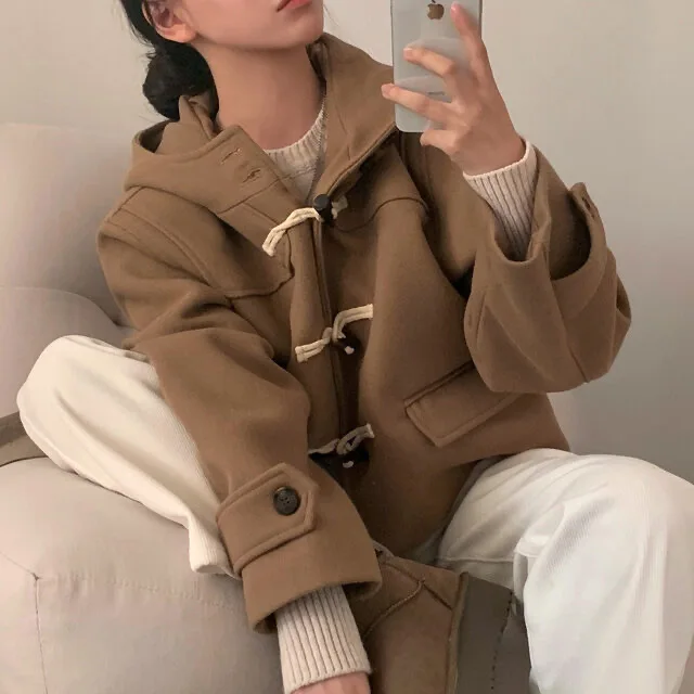 

Chic Retro Buttoned Hooded ort Woolen Coat for Women Slimming Top Polyester Fiber Winter Faion Ladies Jaet