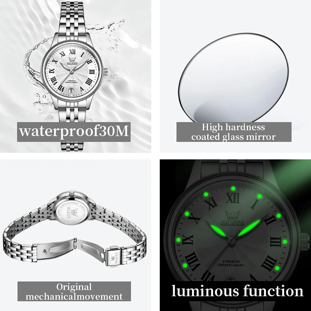 OLEVS-Requintado Relógio Feminino em Aço Inoxidável, Elegante Pulseira Quartzo, Moda, Correia Simplicidade, Presente Data, Beleza