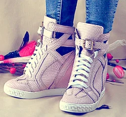 Fashion Pink White Stone Leather Front Buckle Belt Inner Wedge Ankle Boots Hidden Height Increasing Woman Lace-Up Sneakers