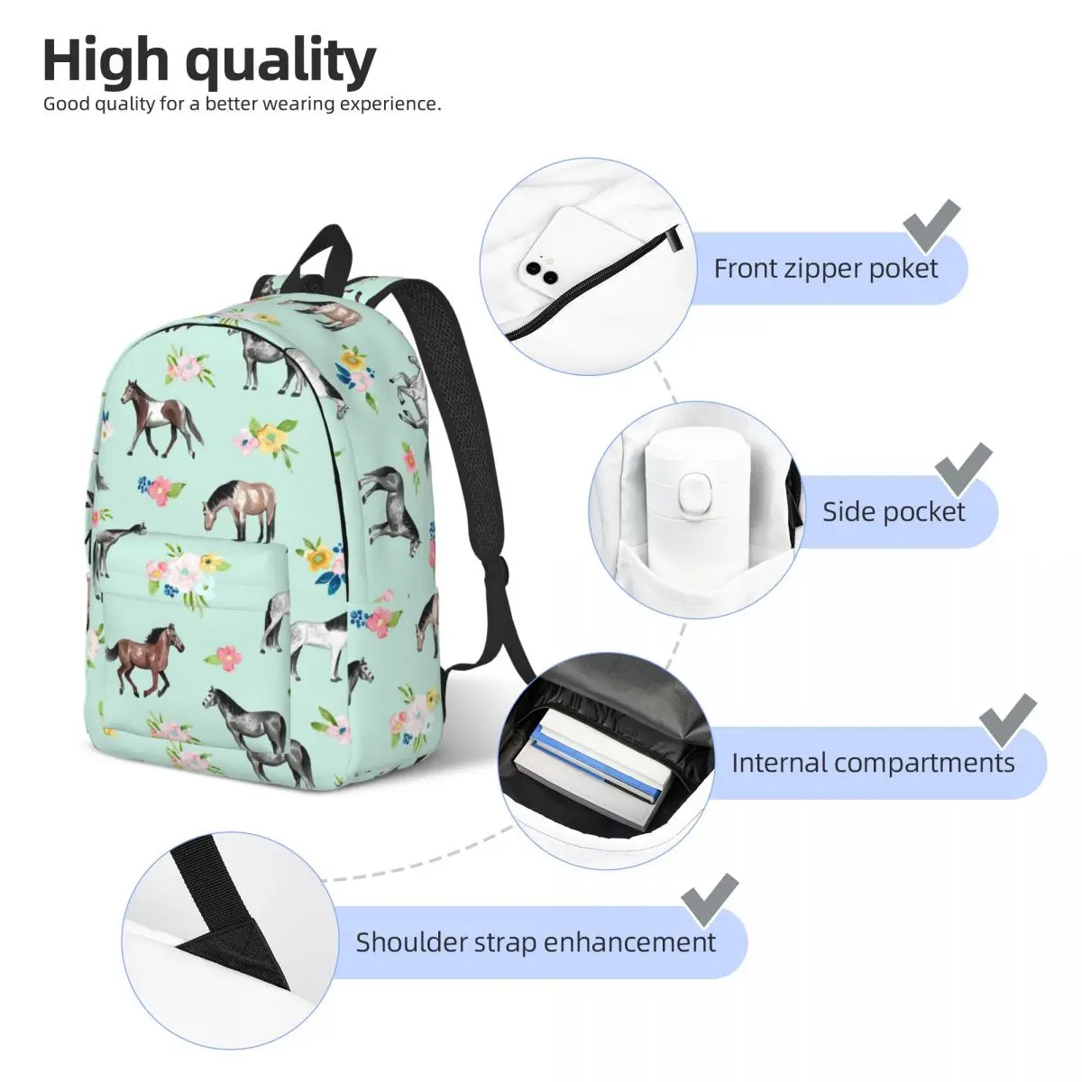 Horses And Flowers, Mint Blue, Horse Art Student Backpack School Bag Travel Daypack for Boys Girls Fashion Bookbag Shoulder Bags