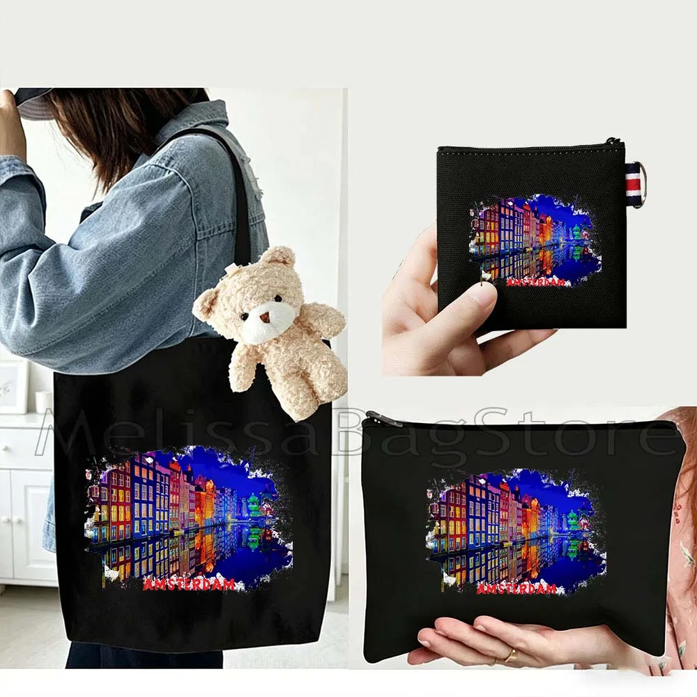 

4PCS Gift Set Amsterdam Netherlands Black Canvas Tote Bag Handbag with Doll Key Coin Purse Cosmetic Makeup Toilet Bag Case Pouch
