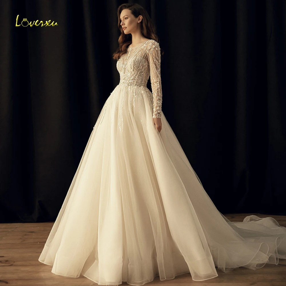 

Loverxu Princess Wedding Dresses 2024 O-Neck Long Sleeve Robe De Mariee Lace Beaded Applique A-Line Court Train Vestido De Novia