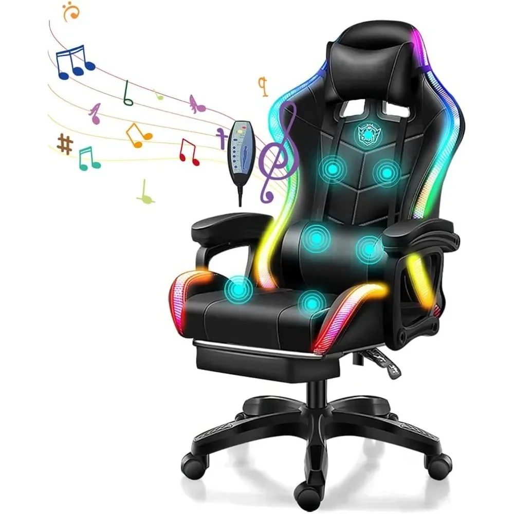 Gaming Chair with Bluetooth Speakers & LED Light, Adjustable Full Massage Lumbar Support and Retractible Footrest, Office Chair