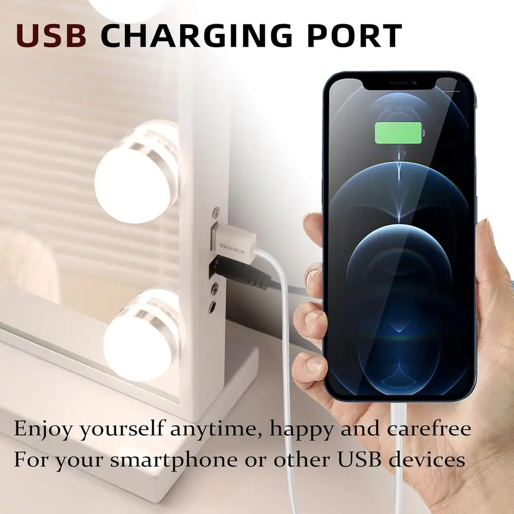 Косметическое зеркало со светодиодной подсветкой 22,8x18,1, 15 лампочек с регулируемой яркостью, 3 цветовыми режимами, голливудский стиль, зарядка через USB, увеличительное зеркало 10X