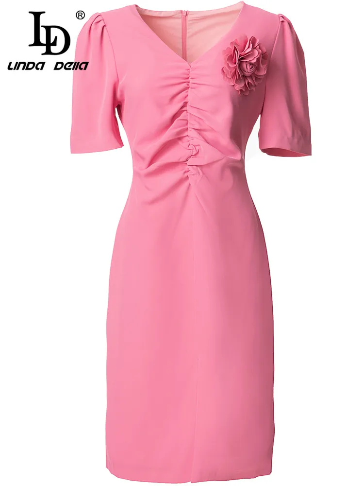 LD LINDA DELLA 2023 New Fashion Runway Summer Dress Women V-neck Short sleeve Flower Applique Slim Pink Knee Dress