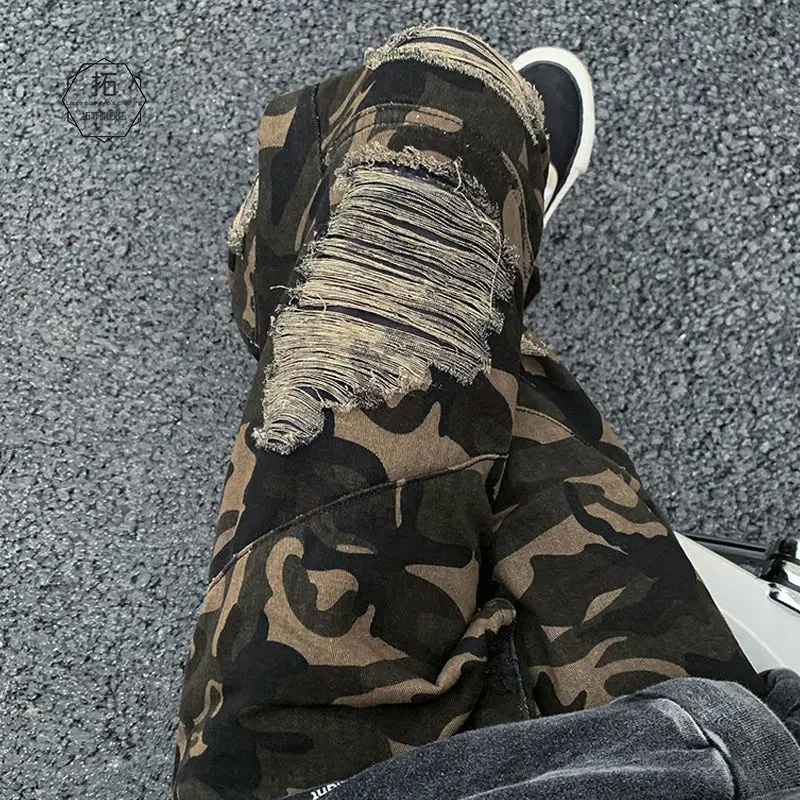 

Juspinice American High Street Camouflage Ripped Jeans Pants for Men's Summer Slim Fit Fashionable Fake Two-piece Trousers
