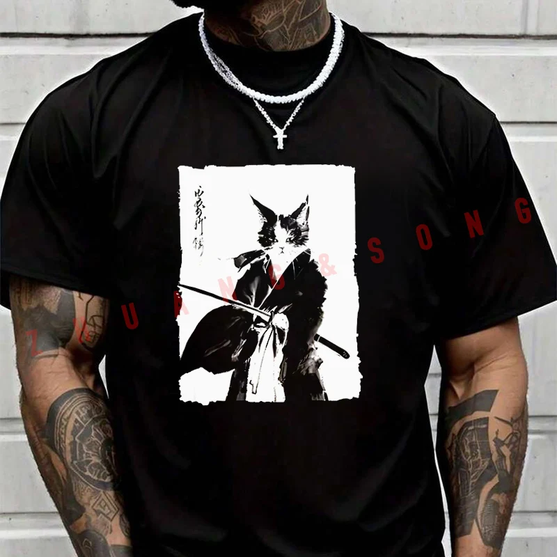 

Summer Watercolor Samurai Cat T Shirt Men Women Motorcycle Loose Breathable Quick Drying Short Sleeved Sports T-Shirt