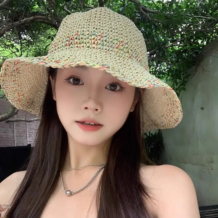 Straw Hat Collection Spring Summer Korean Sweet Big Brim Straw Sun Hats for Women Seaside Sunscreen Bucket Basin Cap Casquette