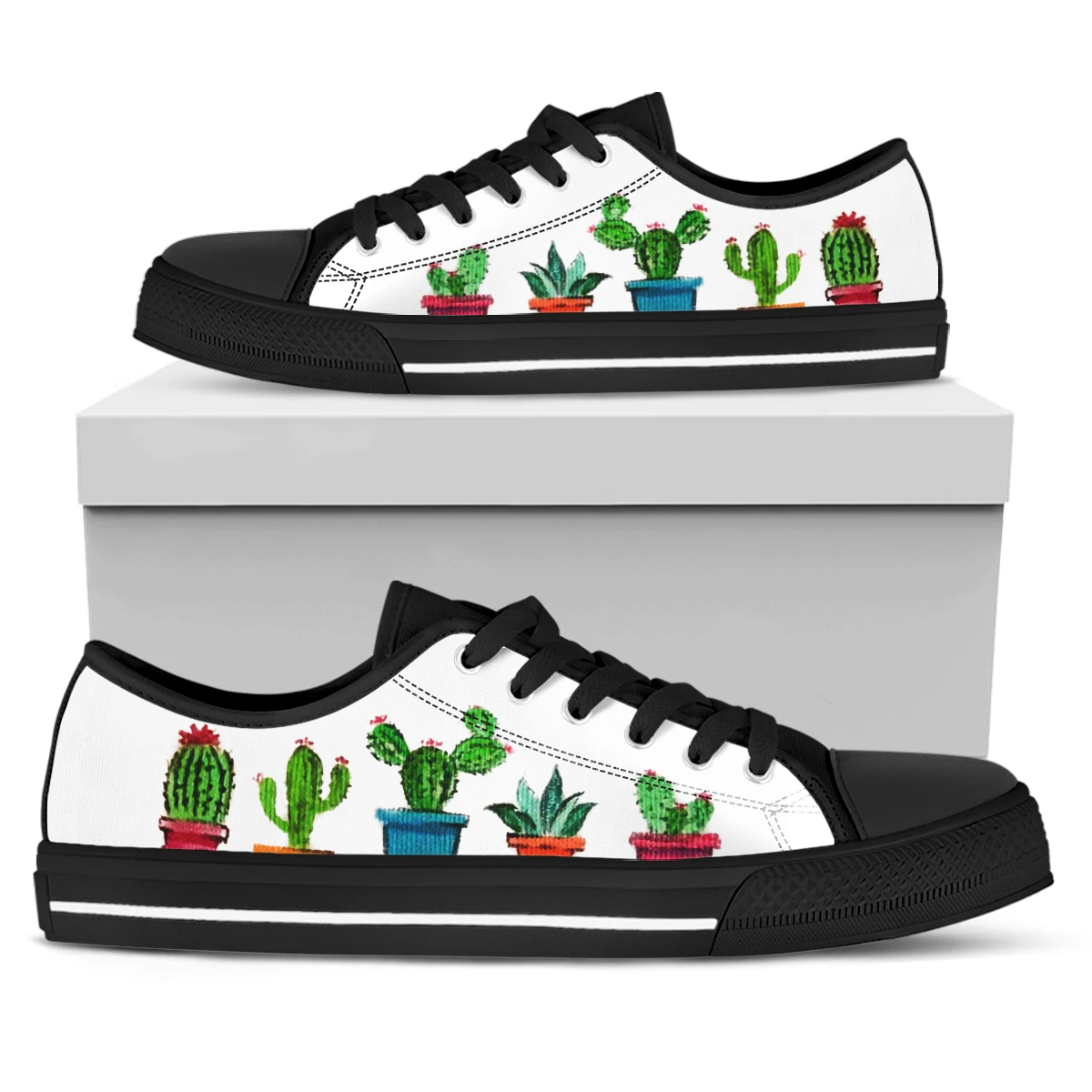 ELVISWORDS Green Cactus Potted Print Black Soft Sole Outdoor Shoes Spring Casual Shoes Comfortable Canvas Shoes Zapatos Mujer