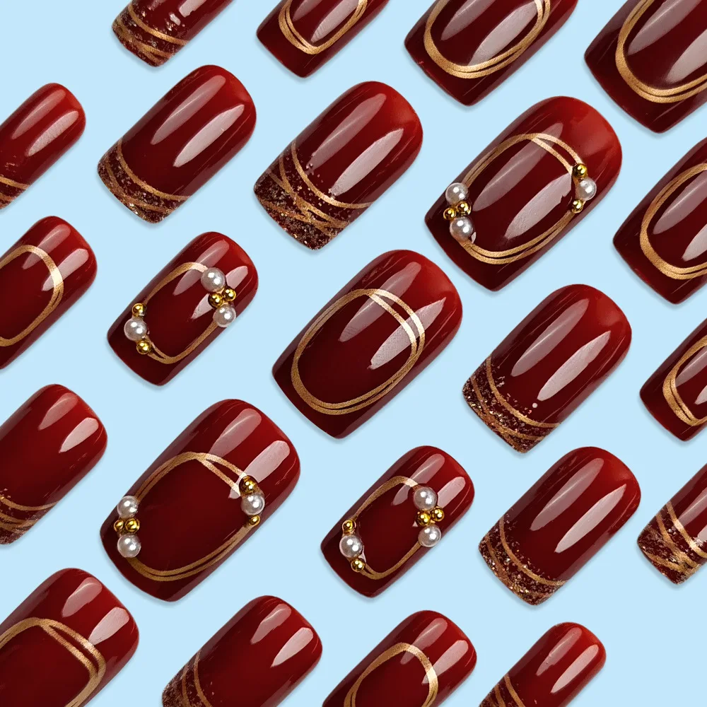 เล็บปลอมแบบกดติดลายปลายฝรั่งเศสสีทองประกายมุก ประดับมุกและคริสตัล สีเบอร์กันดี พร้อมกาวติดเล็บปลอมแบบเต็มแผ่น สำหรับผู้หญิง 24 ชิ้น