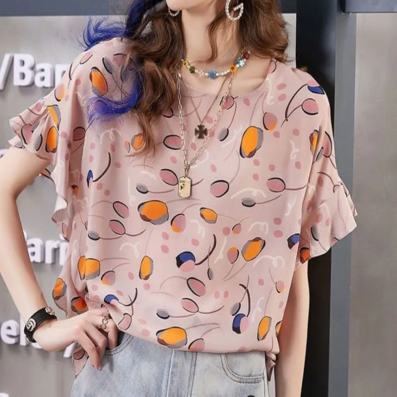 Round Neck Fashion Chiffon Printing Casual Streetwear Blouses Summer New Women\'s Clothing Loose Ruffles Short Sleeve Shirt Tops