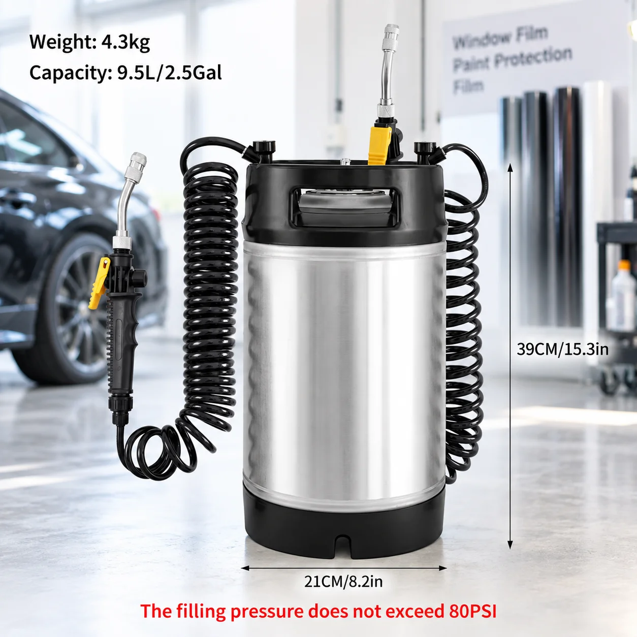 9.5L Pressure Sprayer Tank with Coiled Hose for PPF Window Tint Vinyl Wrap Installation Car Cleaning Detailing Tool