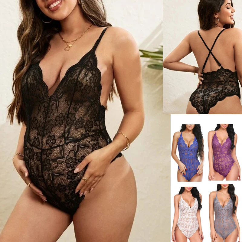 Moda grávida uma peça lingerie profundo v teddy sexy renda bodysuit