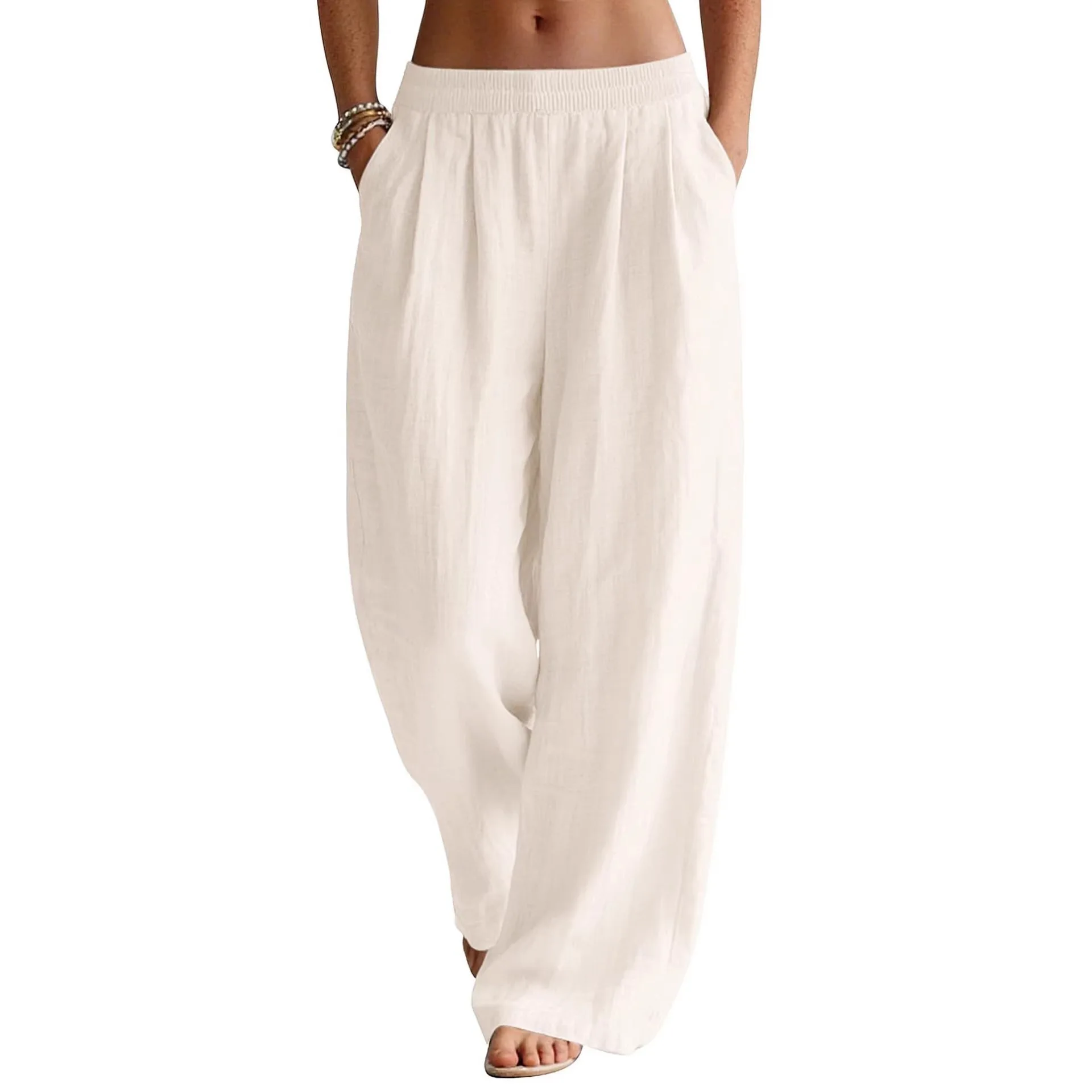 Summer Linen Wide Leg Pants Women's Elastic Waist Travel Beach Casual Trousers