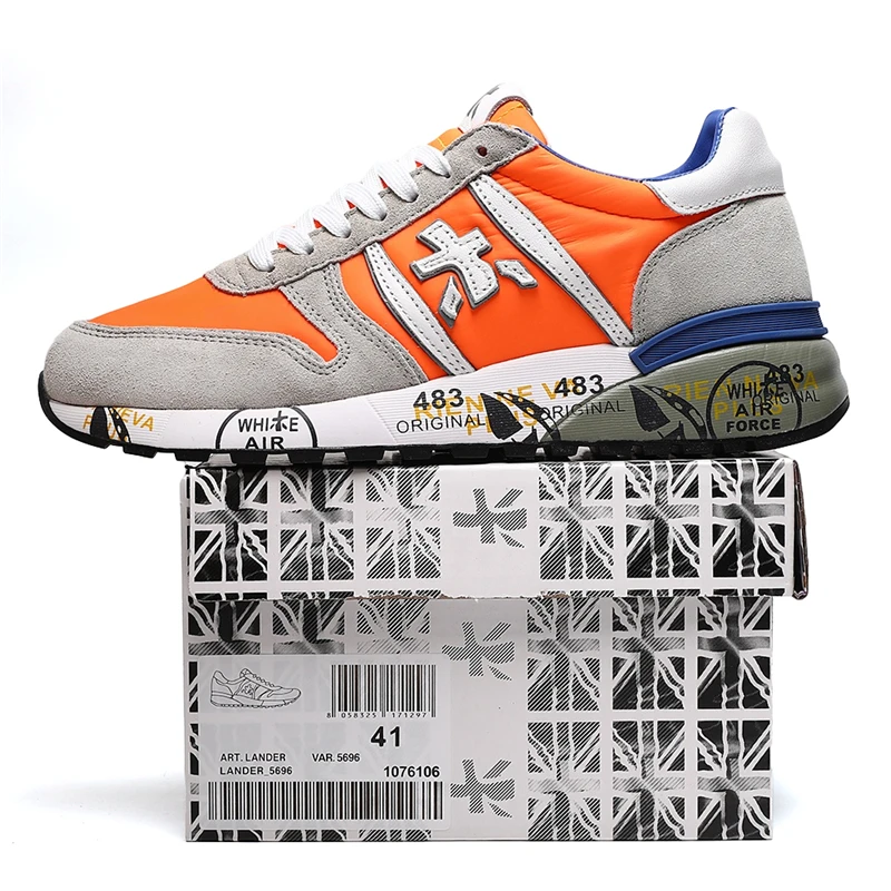 PREMIATA-Tênis casuais masculinos, tênis de corrida respiráveis, calçados esportivos, branco, laranja, cinza, moda de luxo, frete grátis