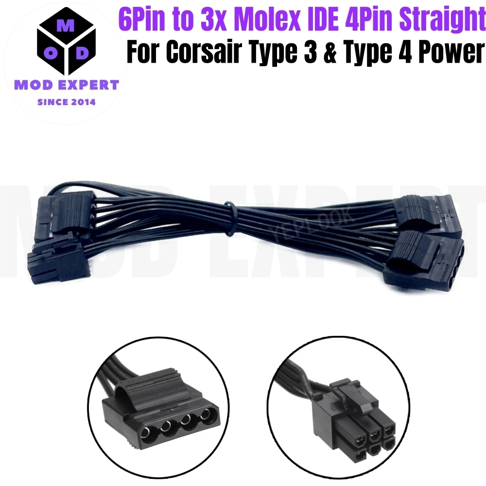 

6Pin to 3x Molex IDE 4Pin Power Cable for Corsair RM1200e, RM1000e RM850e, RM750e, RM650e RM-e Type 4 Modular Power, 50+15+15AWG