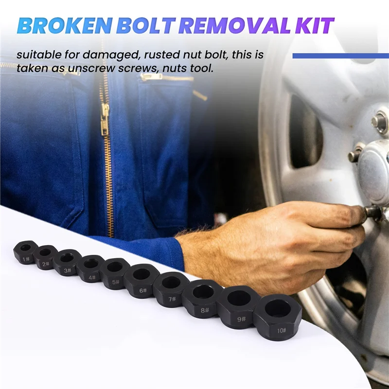 

【Home-Accessories】10Pcs Damaged Nut Bolt Remover Stud Extractor Set Metric Broken Bolt Removal Kit