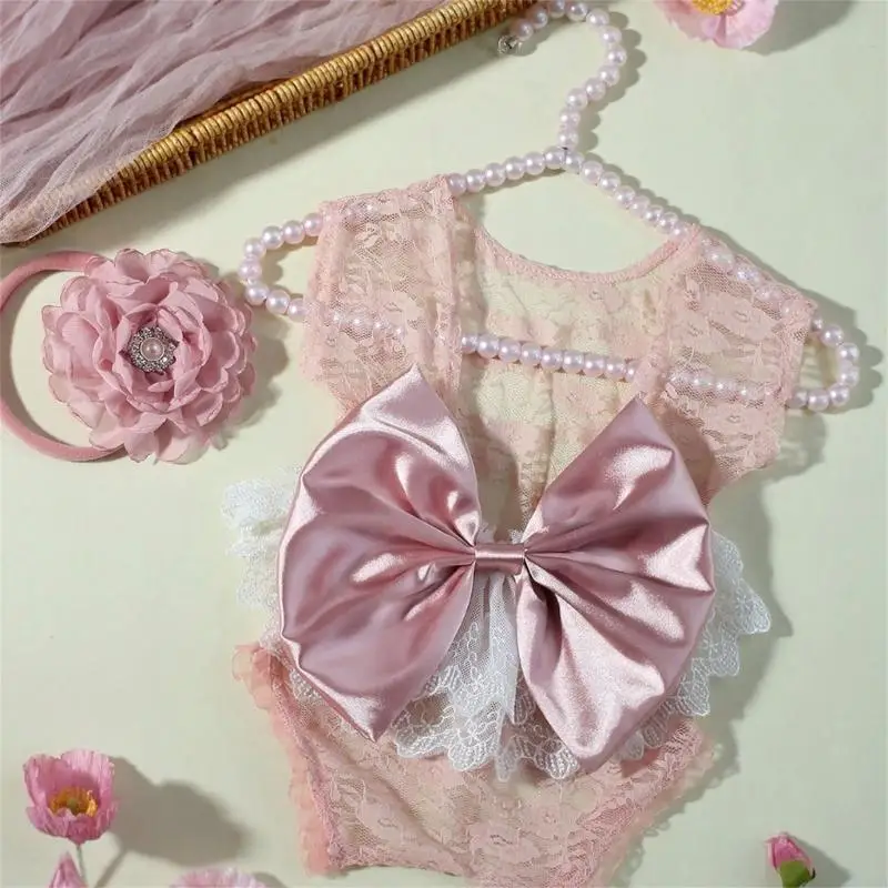 

CORB 2Pcs/set Baby Big Bowknot Lace Hairband Set Newborns Photoshoots Romper Costume