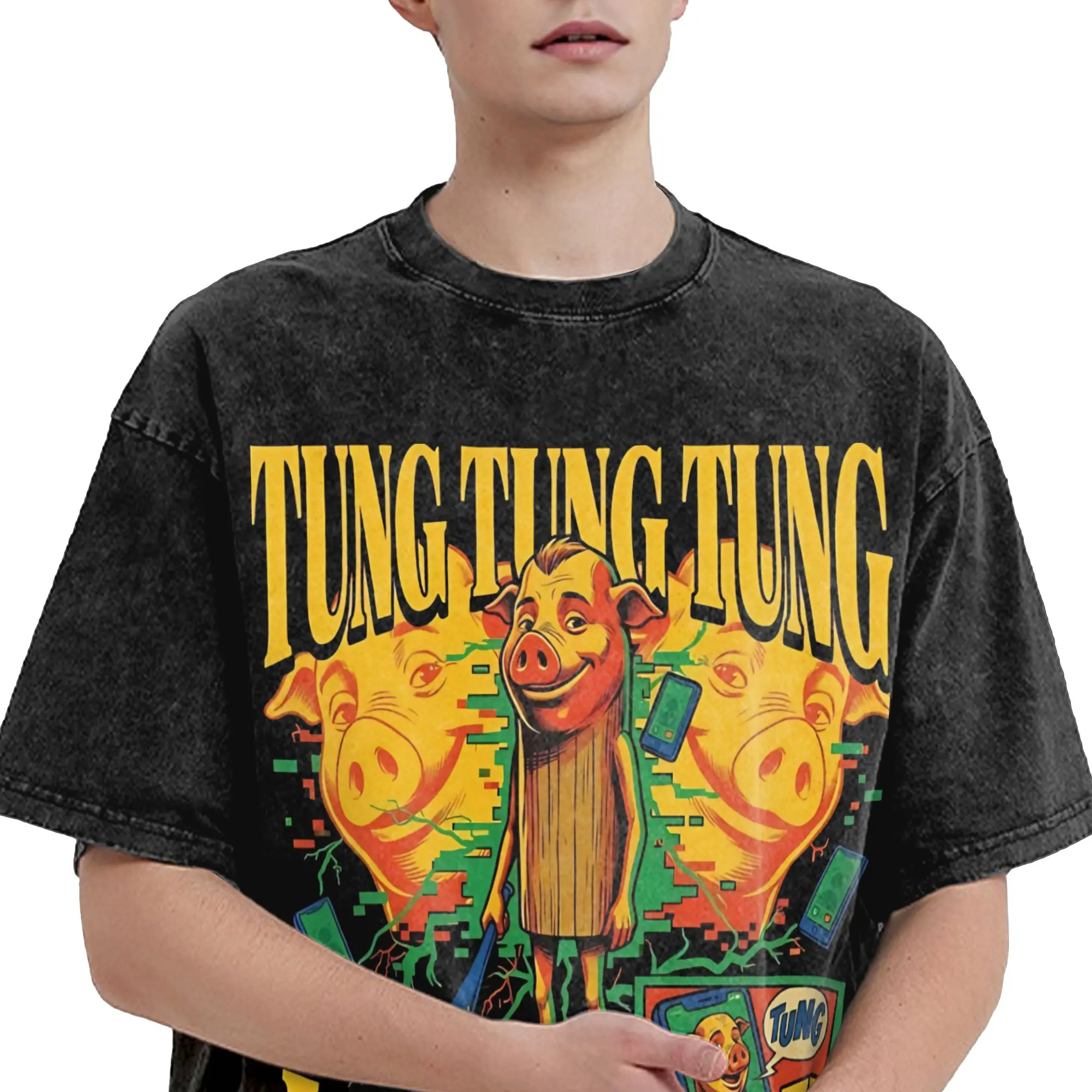 Tung Tung Tung John Pork is Calling Brainrot Gen Z Meme  Washed T Shirts Streetwear Hip Hop Novelty T-Shirt  Tees for Men Women