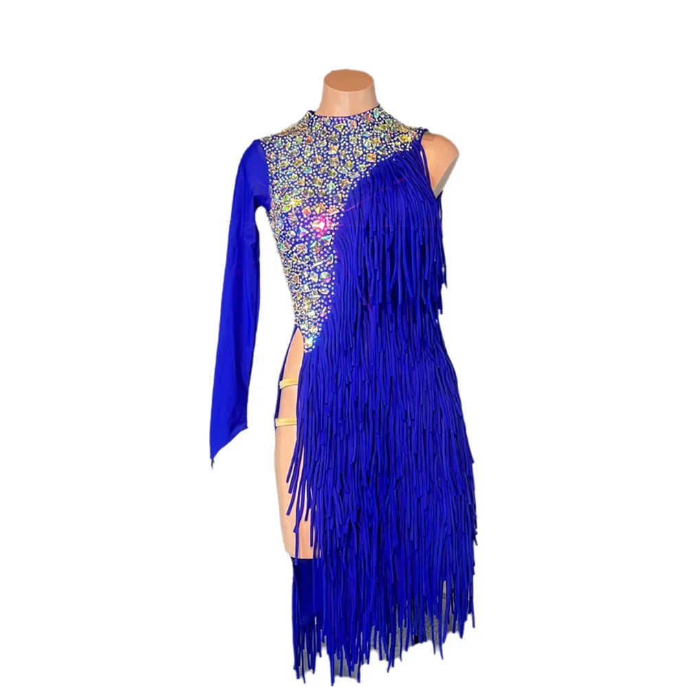 Vestido de baile latino AB Stone para mujer, adulto y niño, personalizado, de gama alta, azul real con borla, negro, piscina, Samba