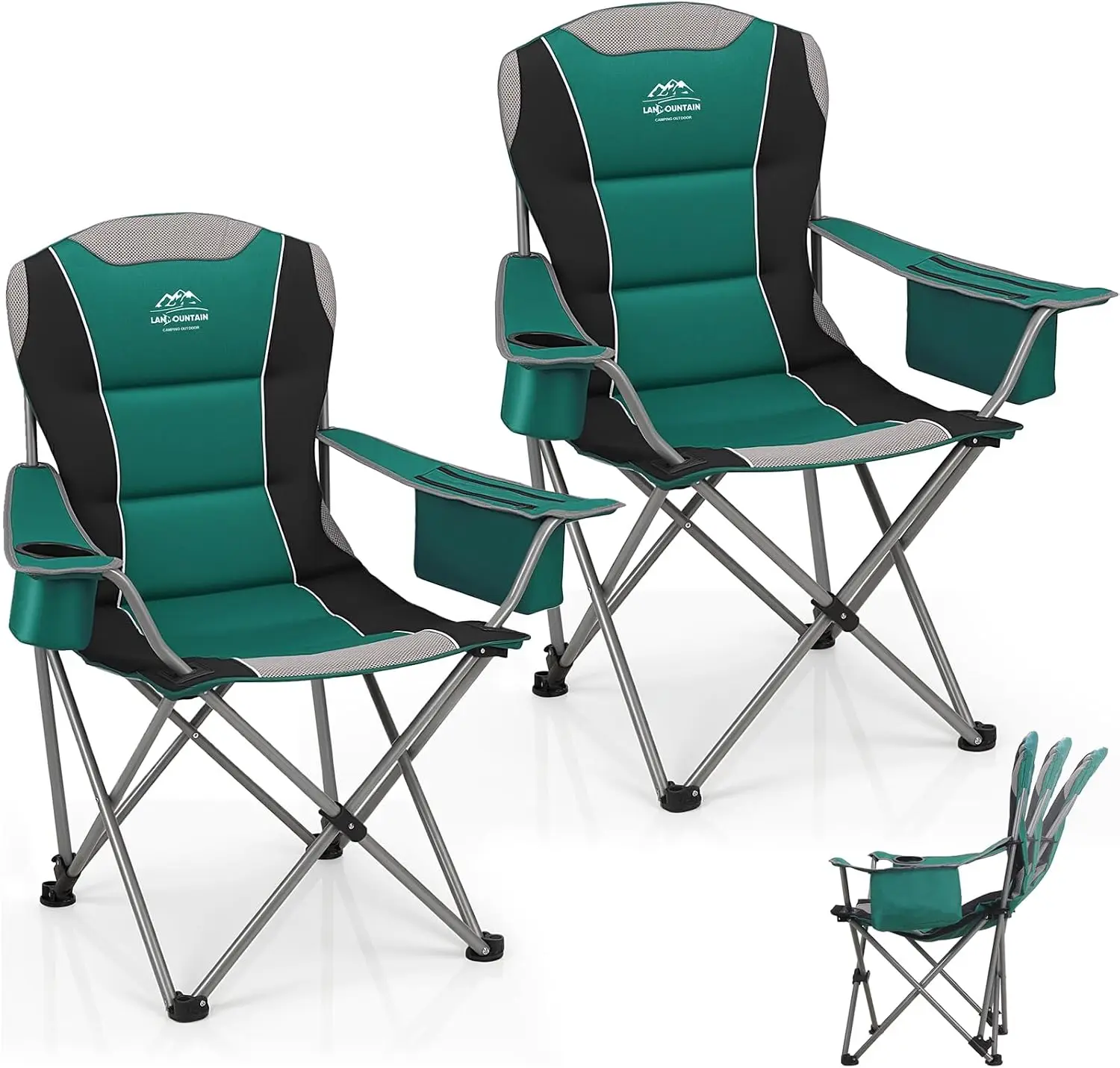 2 Pack Camping Chairs,Oversized Folding Lawn Chairs For Adults W/3 Levels Adjustable Angled Backrest,Cup Holders,Cooler