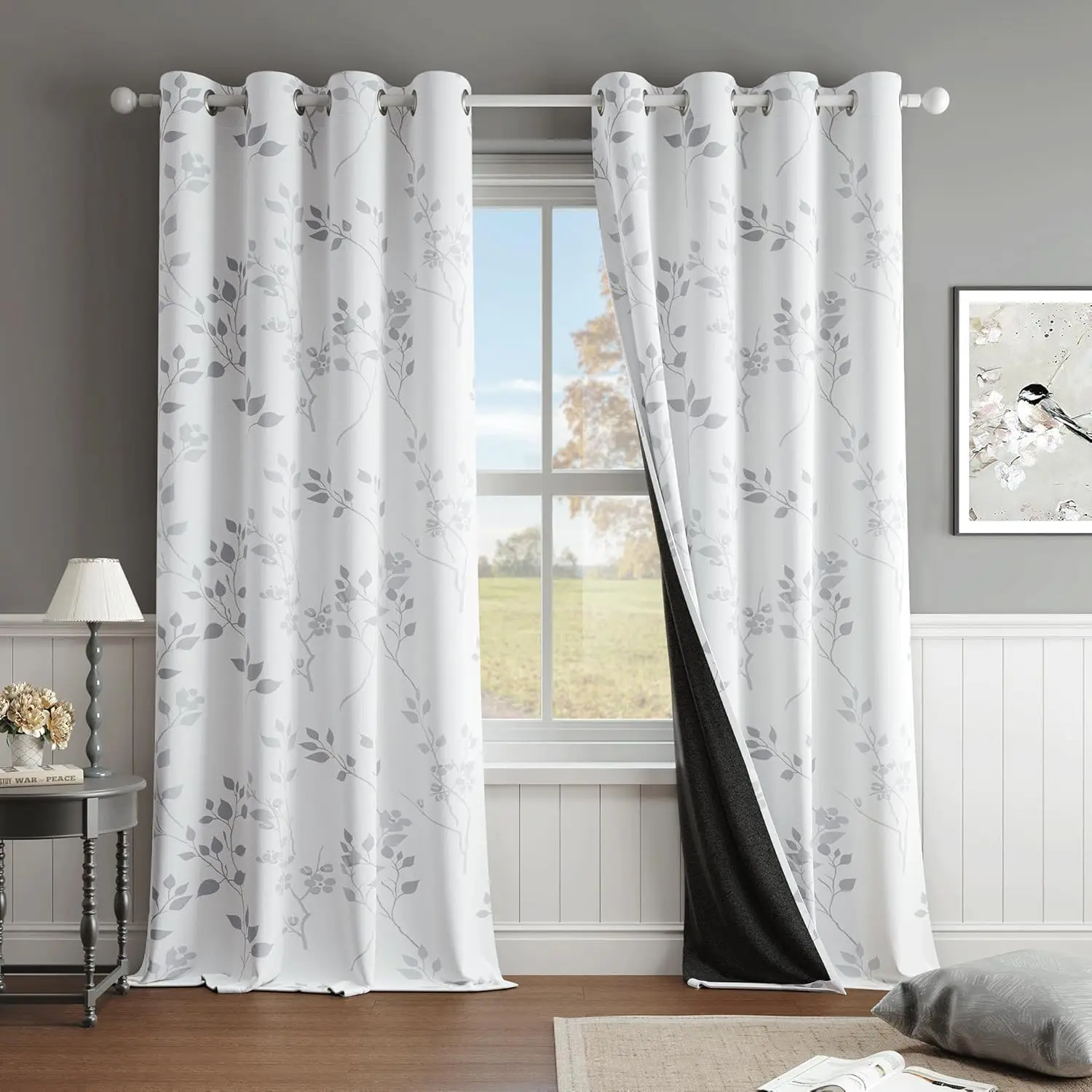 Floral 100% Blackout Curtains 84 Inches Long 2 Panels for Bedroom Living Room Grey