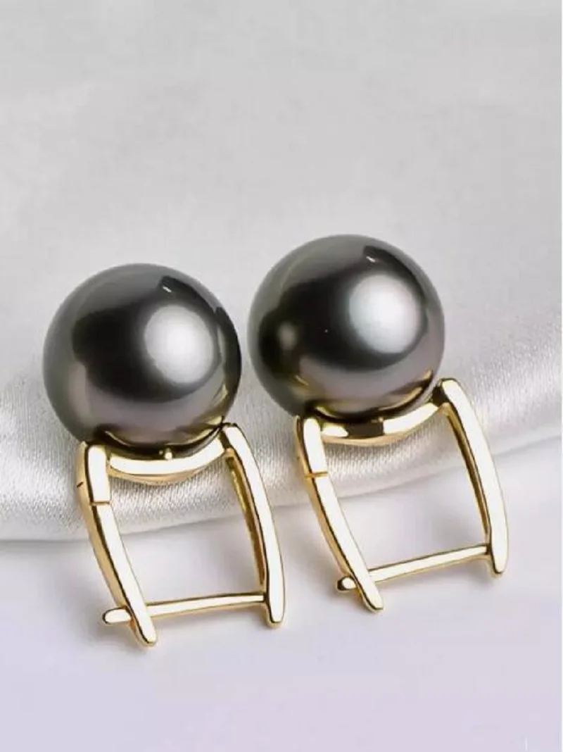 

Charming AAAAA 10-11mm Tahitian Black Green Round Pearl Earrings 925S