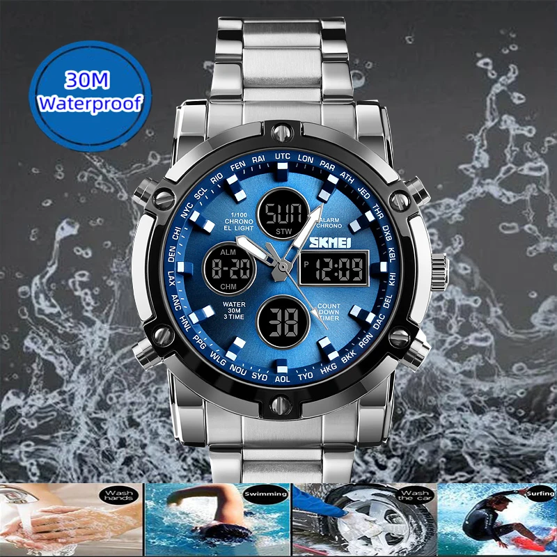 Skmei Waterproof Analog Quartz Watch Steel Strap Dual Display Three Time Zone Led Digital Wirstwatch for Man Relogio Masculino