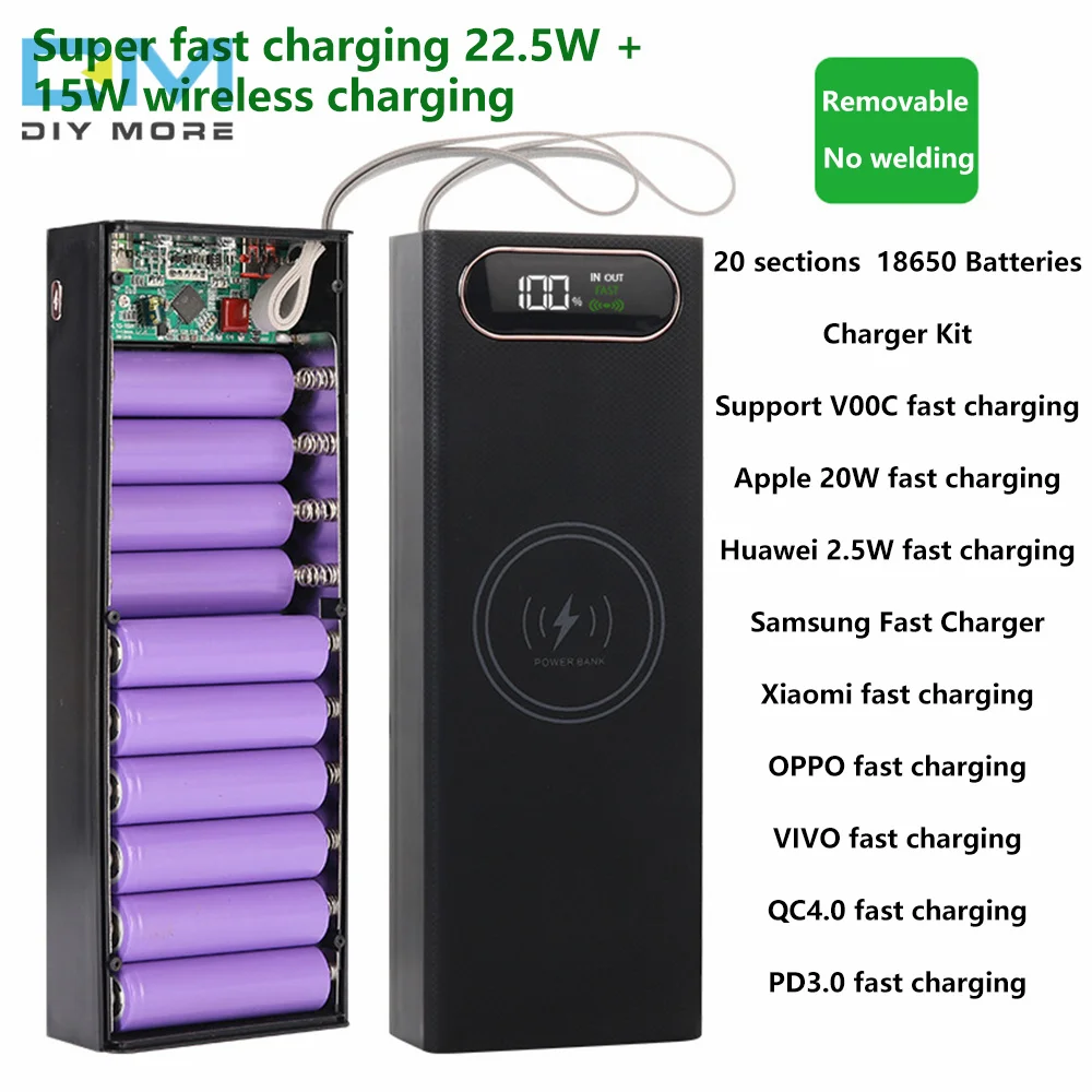 20 Sections 18650 Soldering Free Detachable Mobile Power Case 22.5W Fast Charge Plus Wireless Charging DIY Charging Treasure