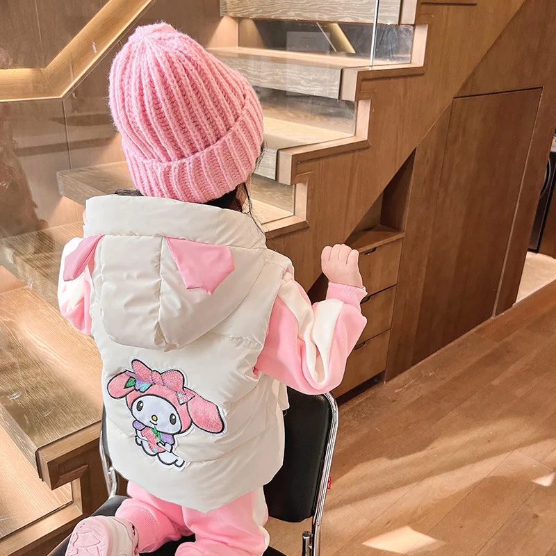 Sanrios My Melody Kuromi Cinnamoroll Girl Fleece Suit Autumn Winter Kids Clothing Vest Baby Thickened Sweatshirt Three-Piece Set